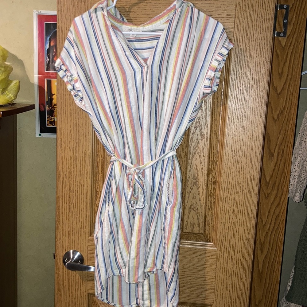 Pink, blue, orange, and yellow striped dress with pockets from CATO.
